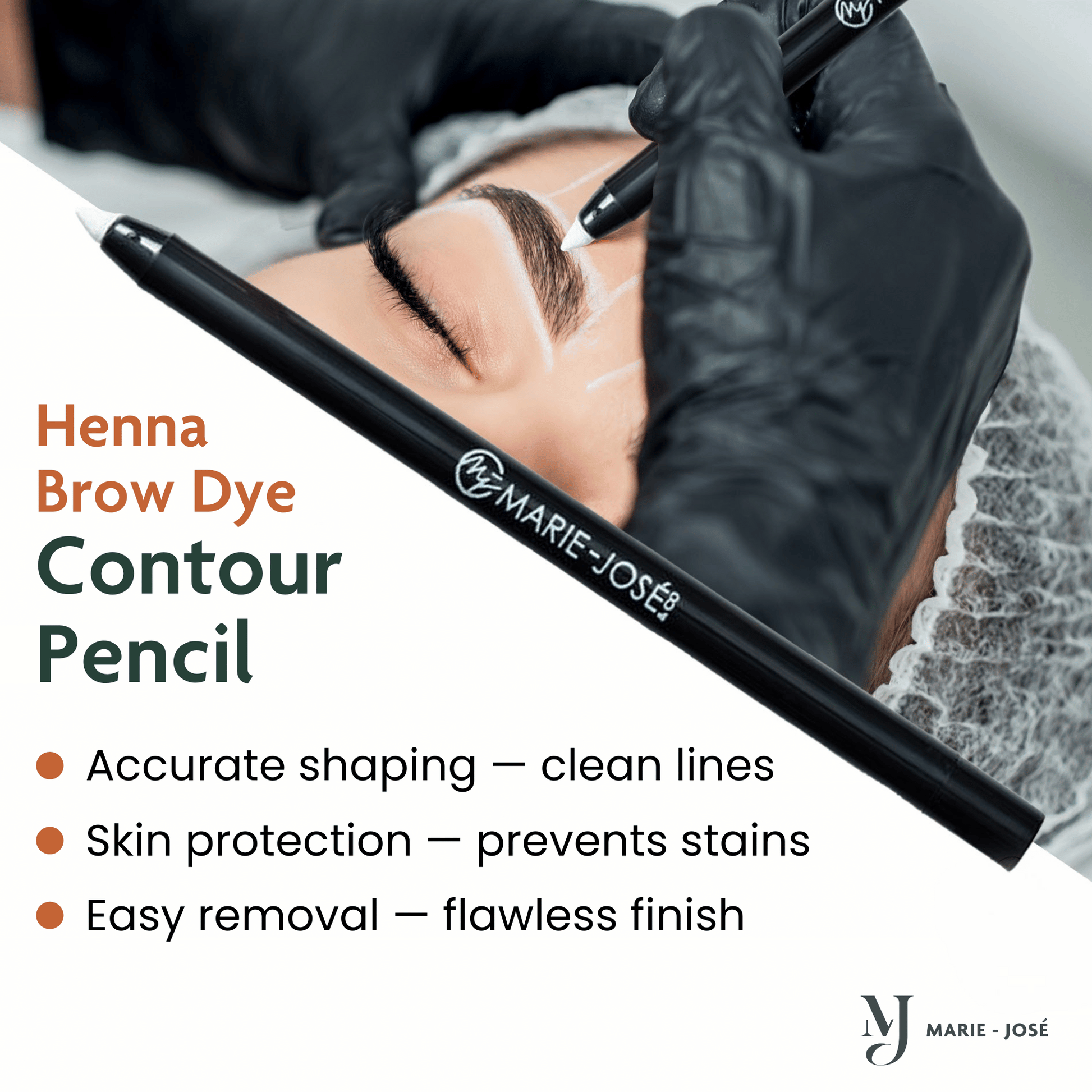 Henna Brow Dye Contour Pencil with a person getting their eyebrows done, featuring Marie-Jose brand.