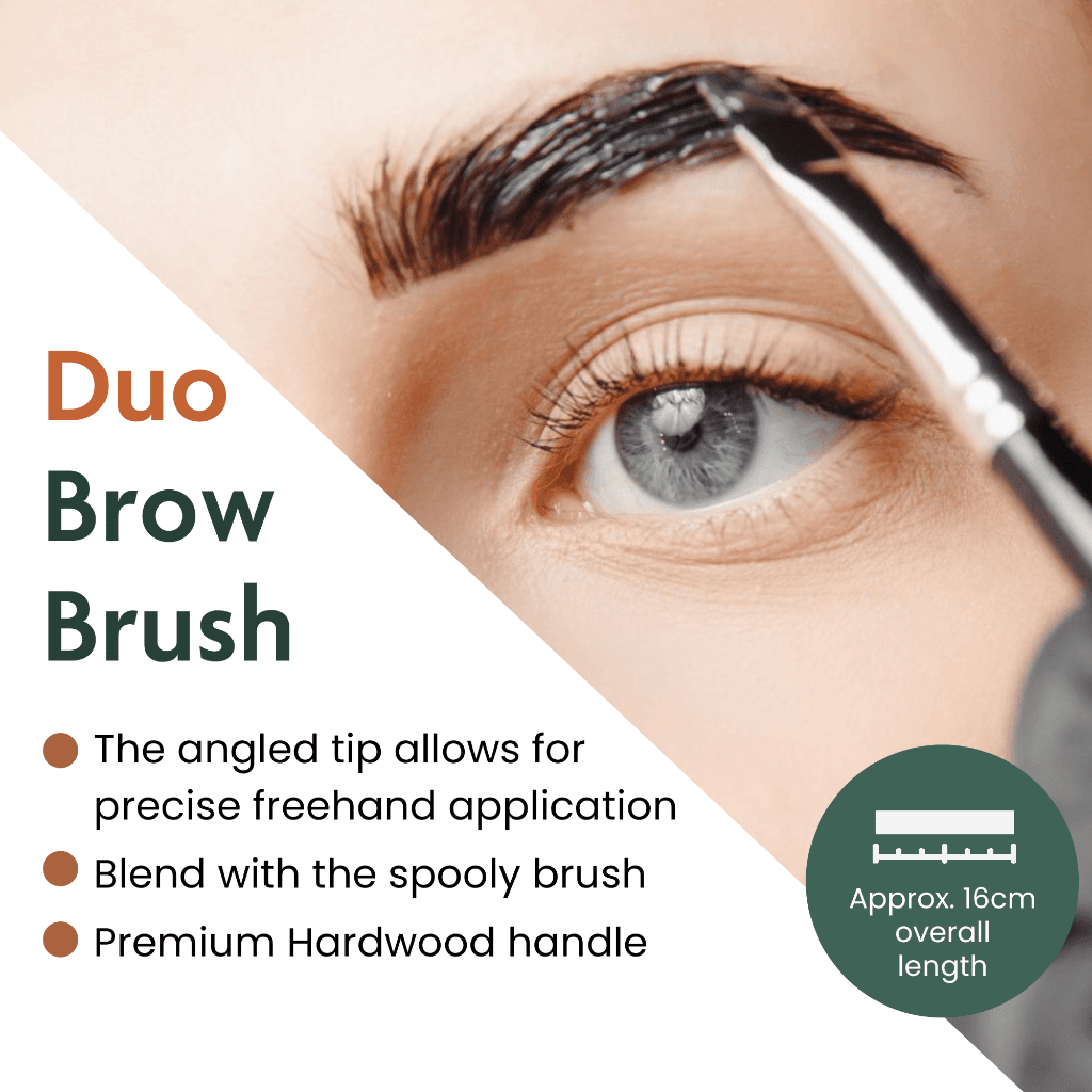 Duo Brow Brush being used on an eye with product details displayed.