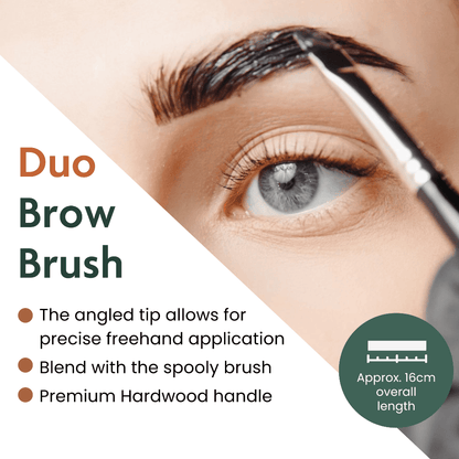 Duo Brow Brush being used on an eye with product details displayed.